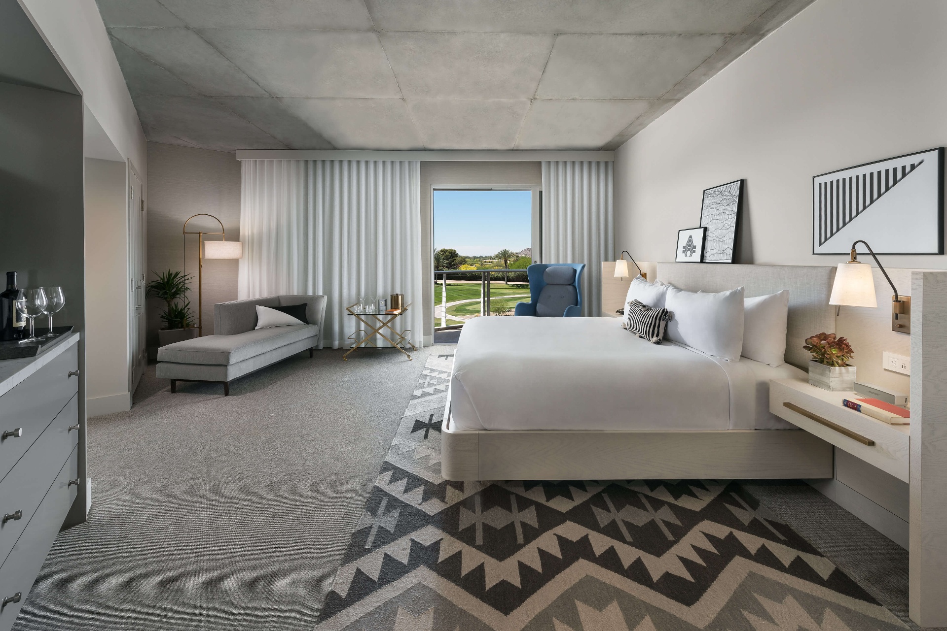 Mountain Shadows Camelback Presidential Suite bedroom with desert and golf course view