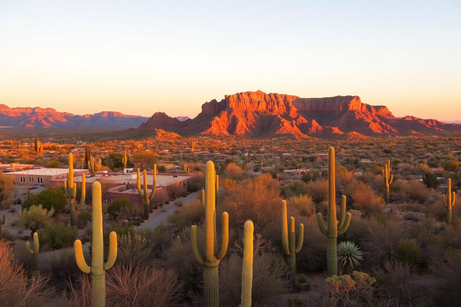 Scottsdale Arizona desert landscape with saguaro cactus at sunset